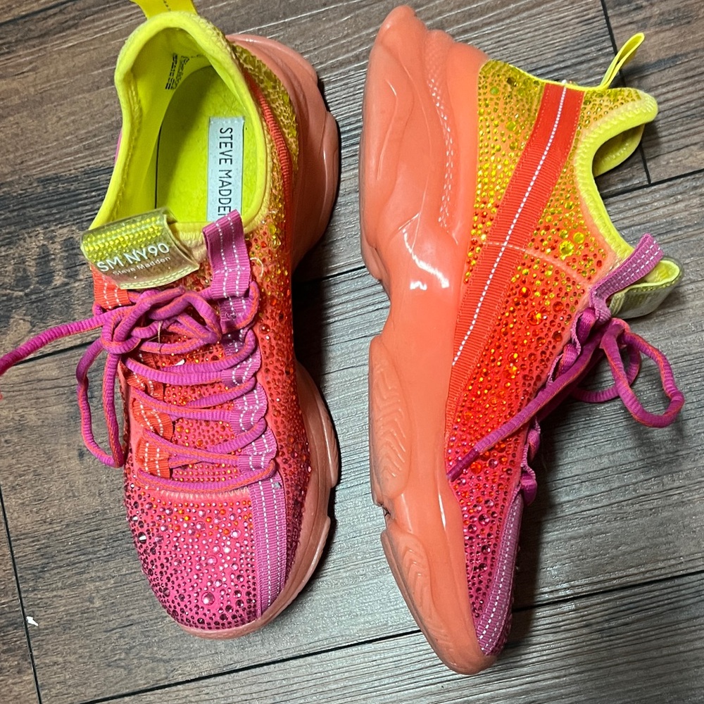 Steve Madden Women's Sparkly n Vibrant Pink, Yellow and coral Sneakers